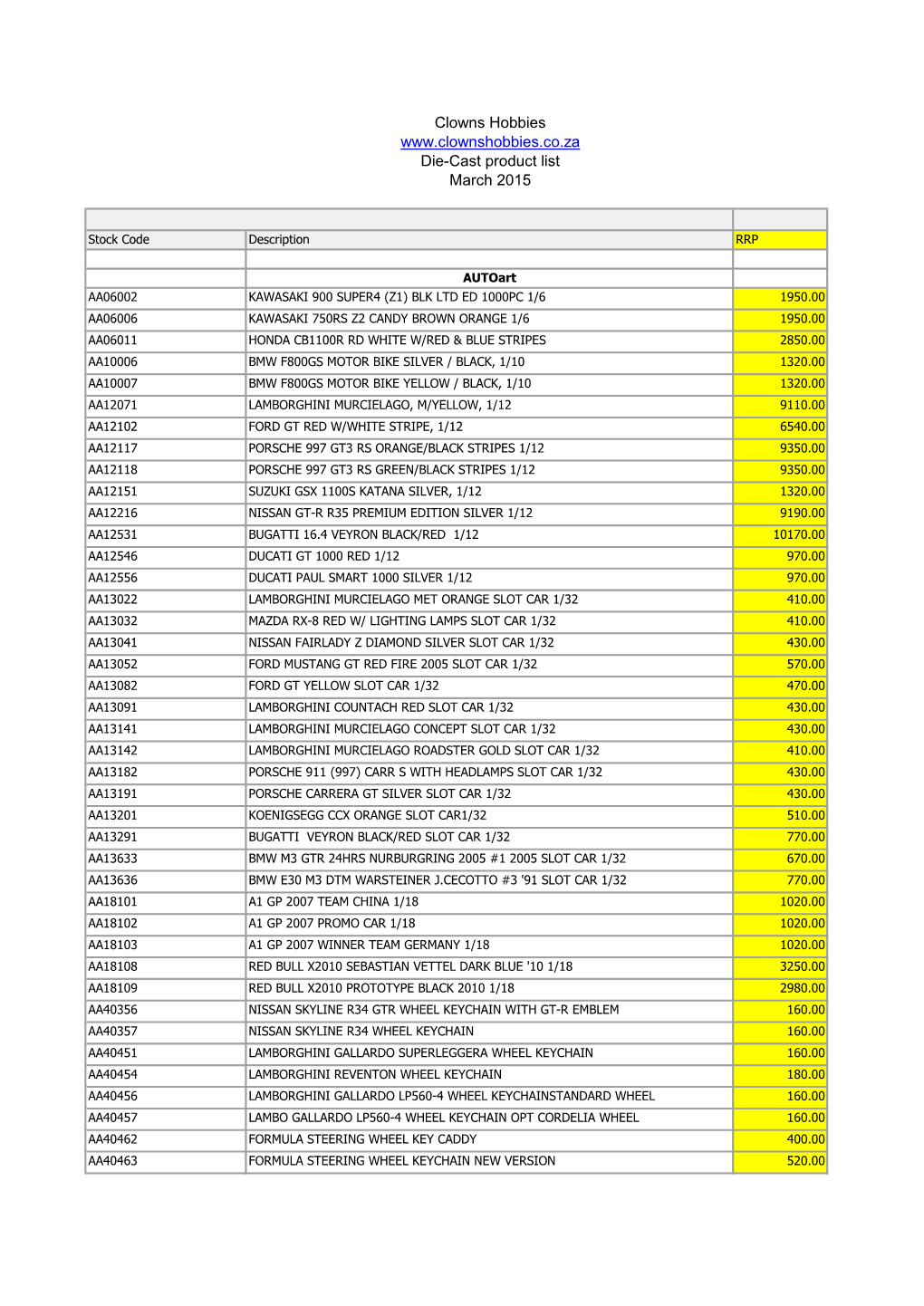 Clowns Hobbies Die-Cast Product List March 2015