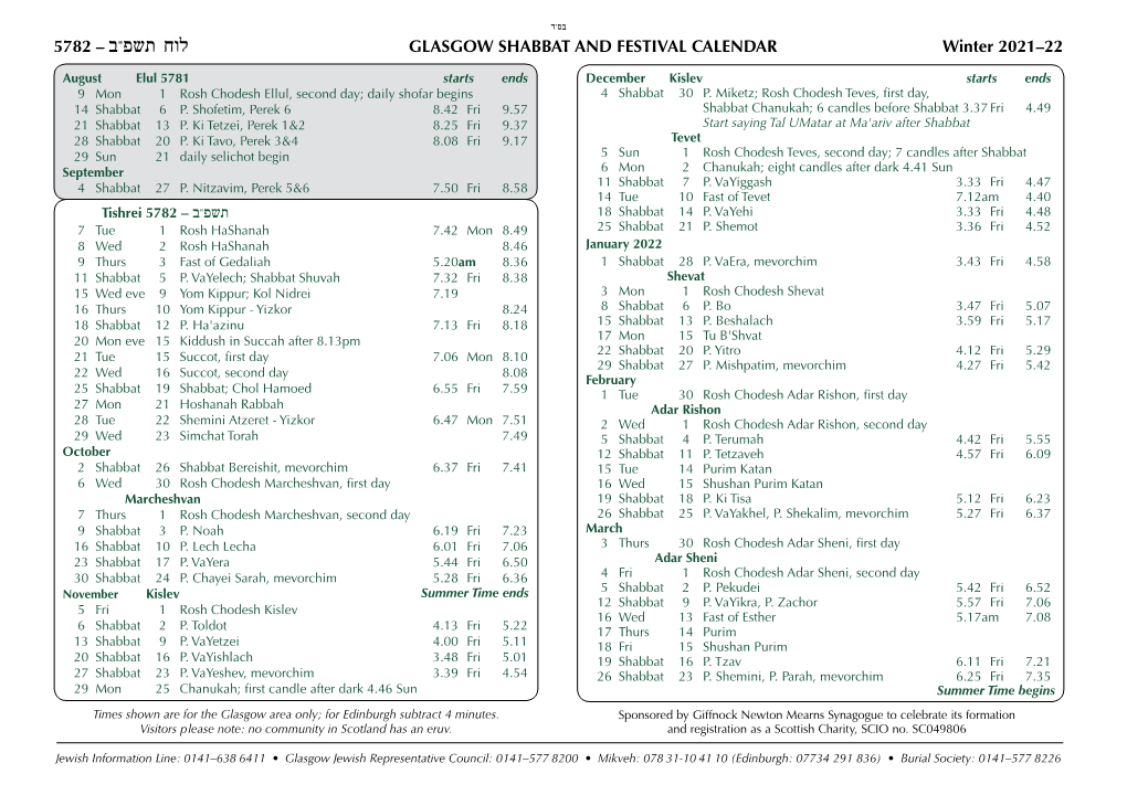 GLASGOW SHABBAT and FESTIVAL CALENDAR Winter 2021–22