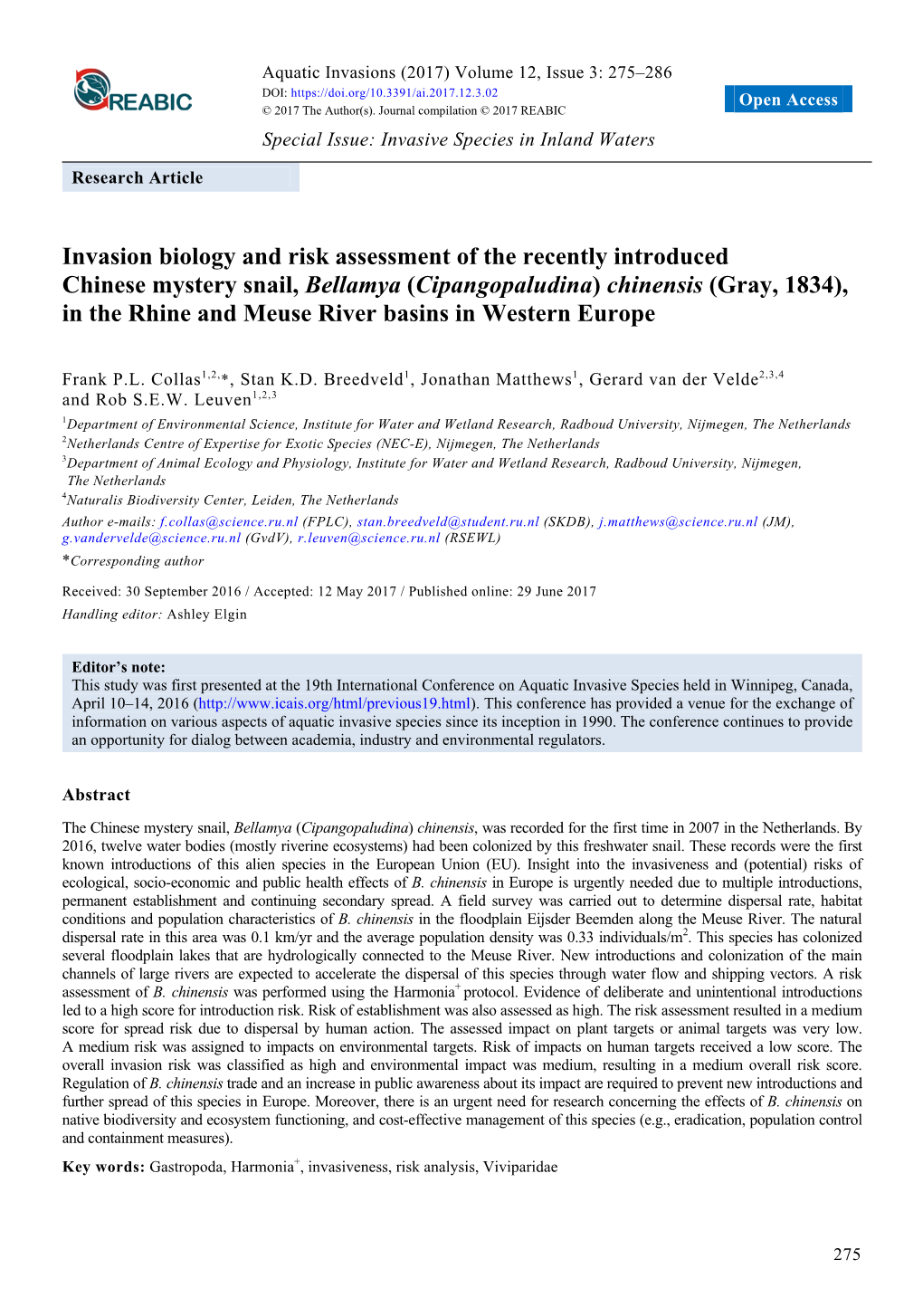 Invasion Biology and Risk Assessment of the Recently Introduced Chinese Mystery Snail, Bellamya (Cipangopaludina) Chinensis (Gra