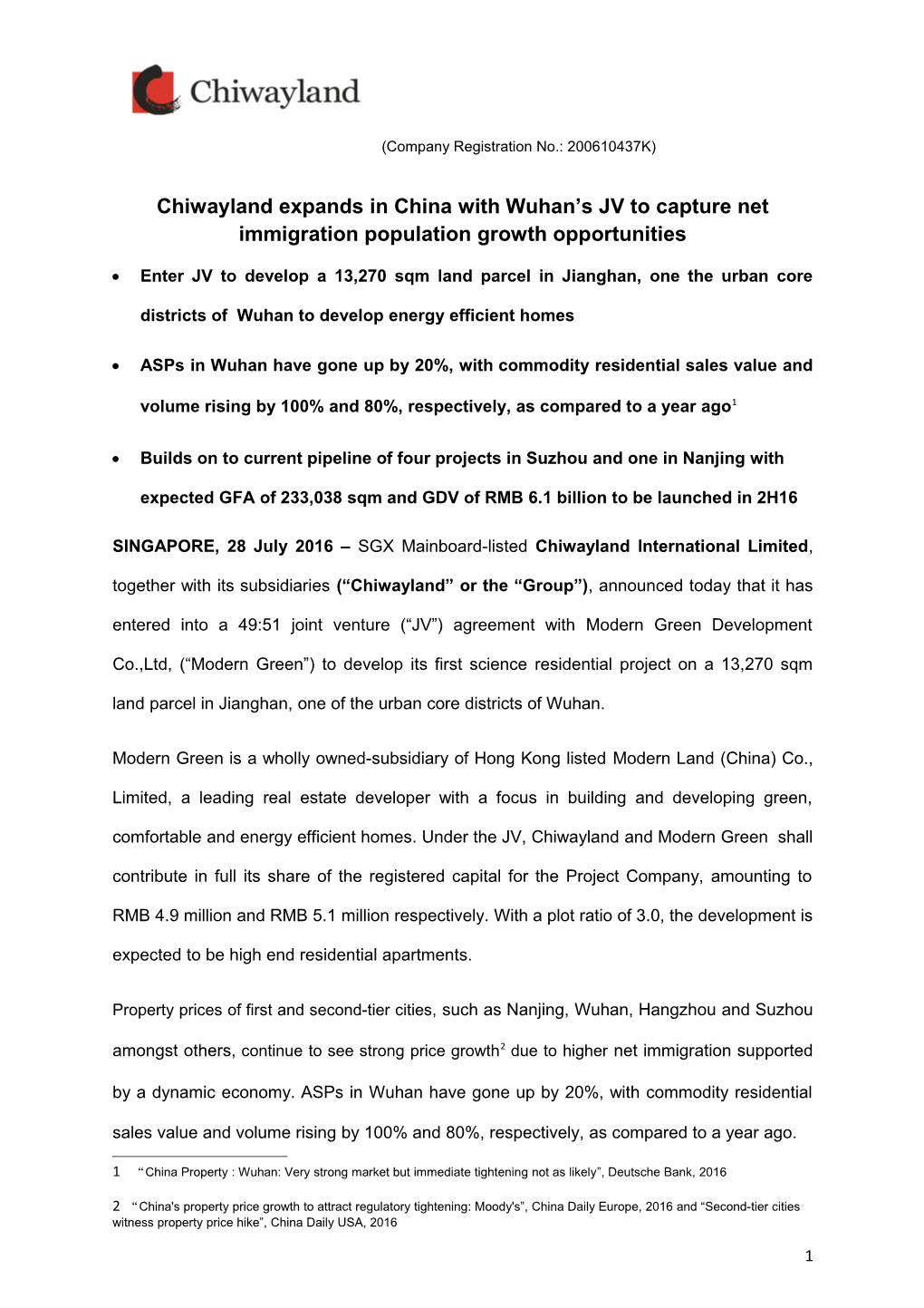 Chiwayland Expands in China with Wuhan S JV to Capture Net Immigration Population Growth