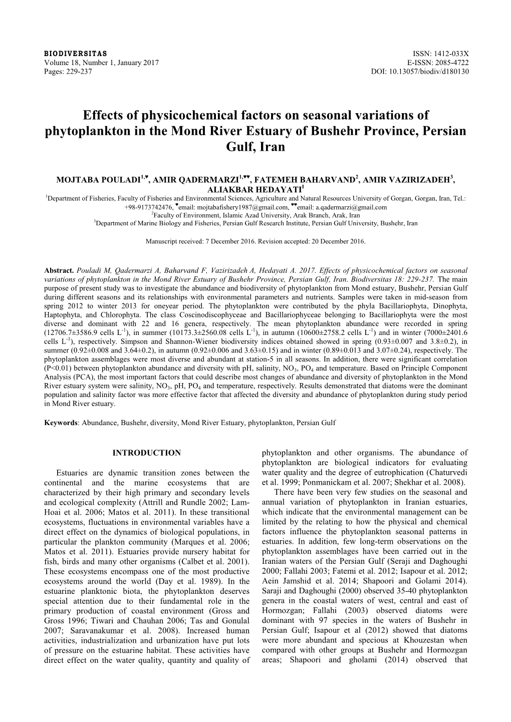 Effects of Physicochemical Factors on Seasonal Variations of Phytoplankton in the Mond River Estuary of Bushehr Province, Persian Gulf, Iran