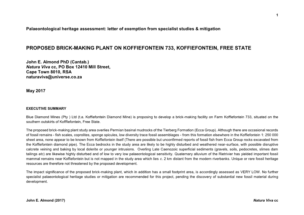 Proposed Brick-Making Plant on Koffiefontein 733, Koffiefontein, Free State