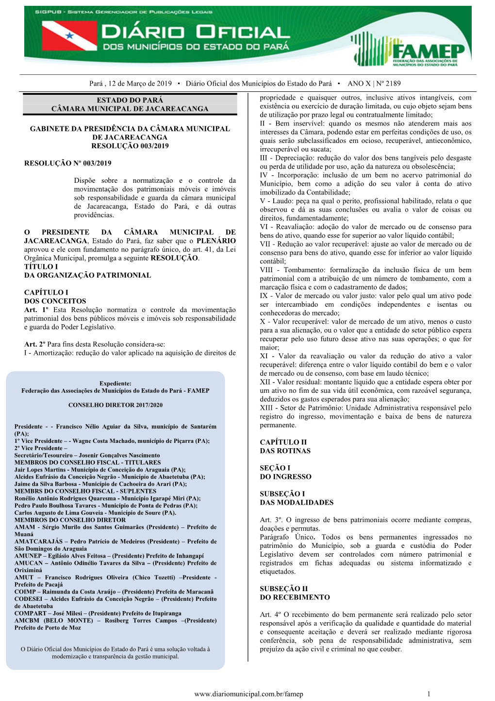 Pará , 12 De Março De 2019 • Diário Oficial Dos Municípios Do Estado Do Pará • ANO X | Nº 2189
