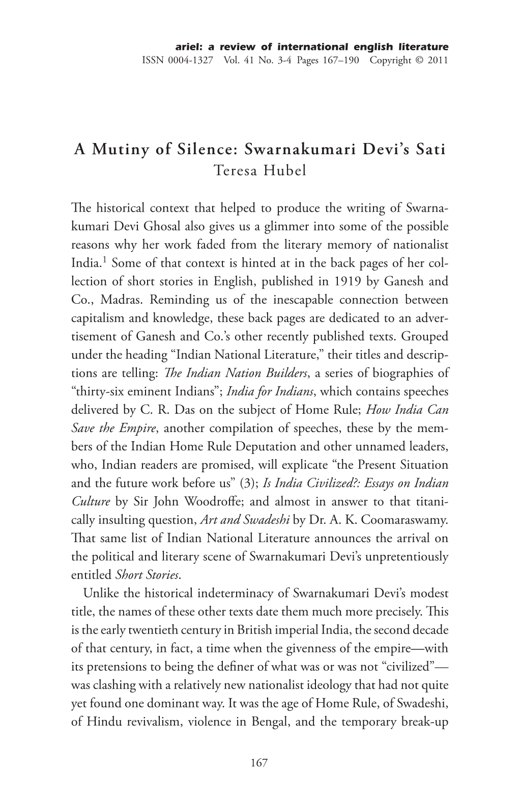 A Mutiny of Silence: Swarnakumari Devi's Sati