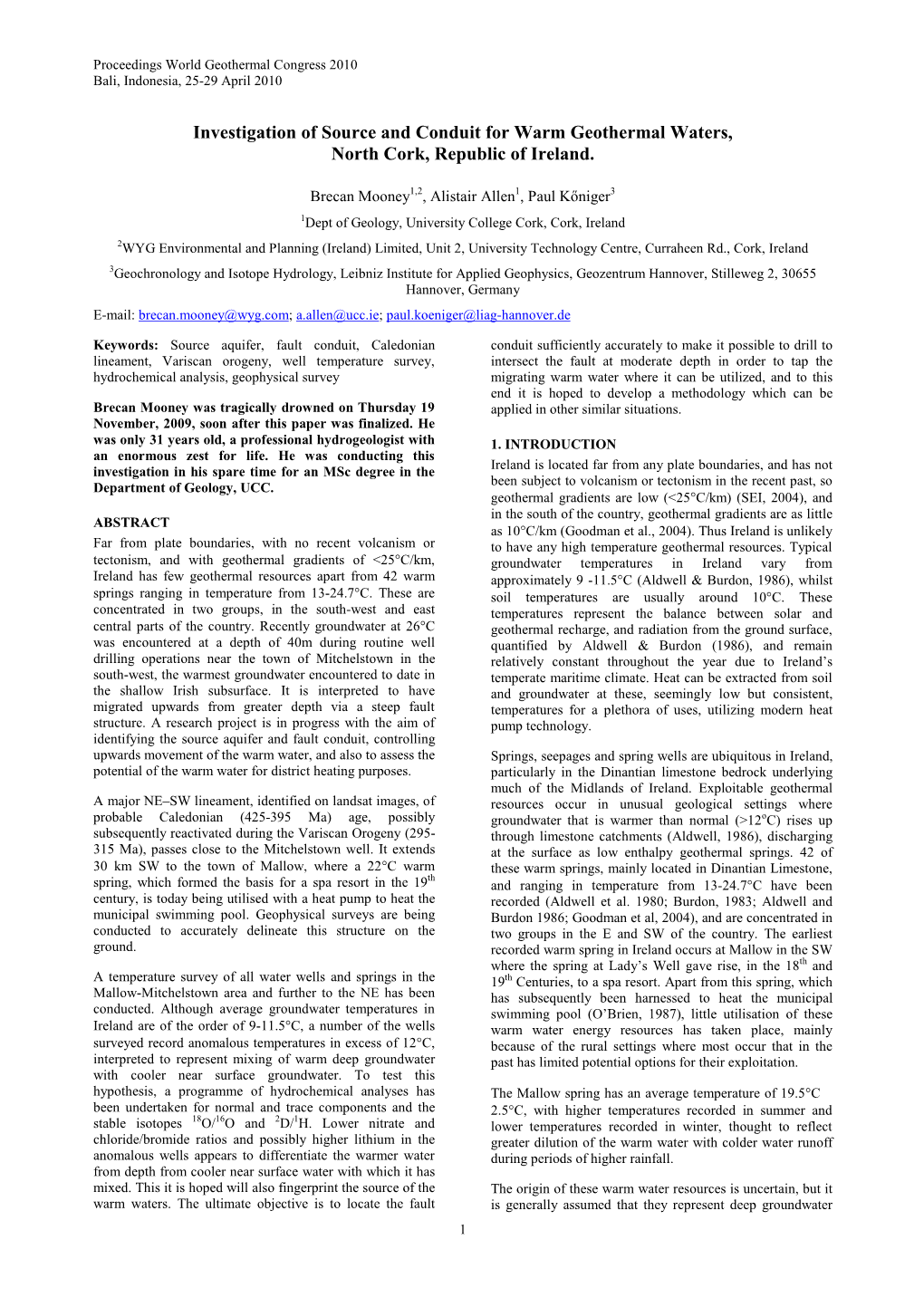 Investigation of Source and Conduit for Warm Geothermal Waters in North Cork