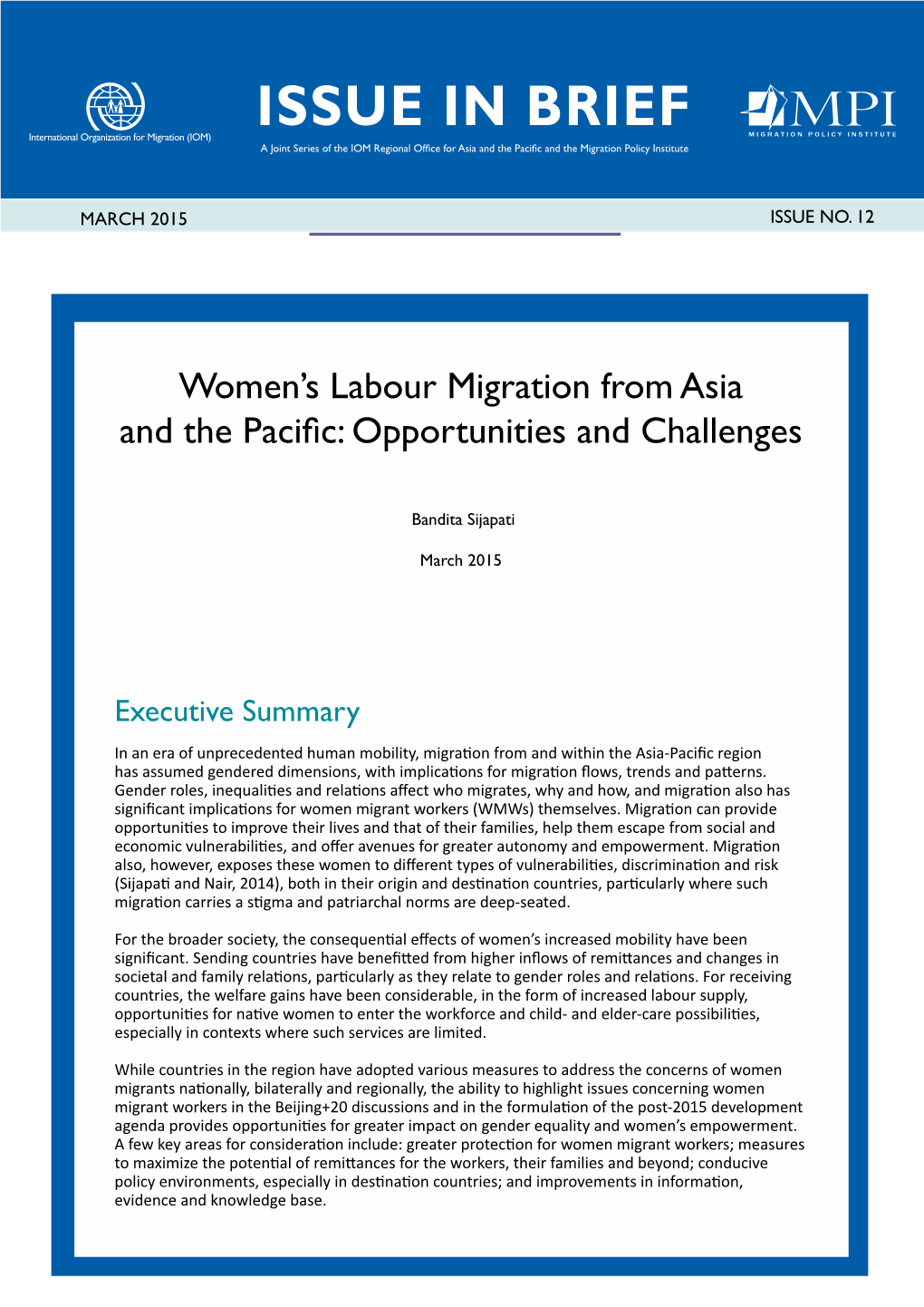 Women's Labour Migration from Asia and the Pacific: Opportunities and Challenges