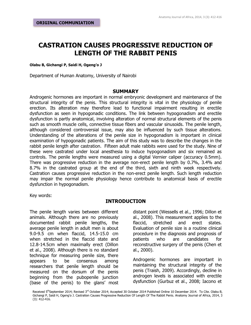 Castration Causes Progressive Reduction of Length of the Rabbit Penis