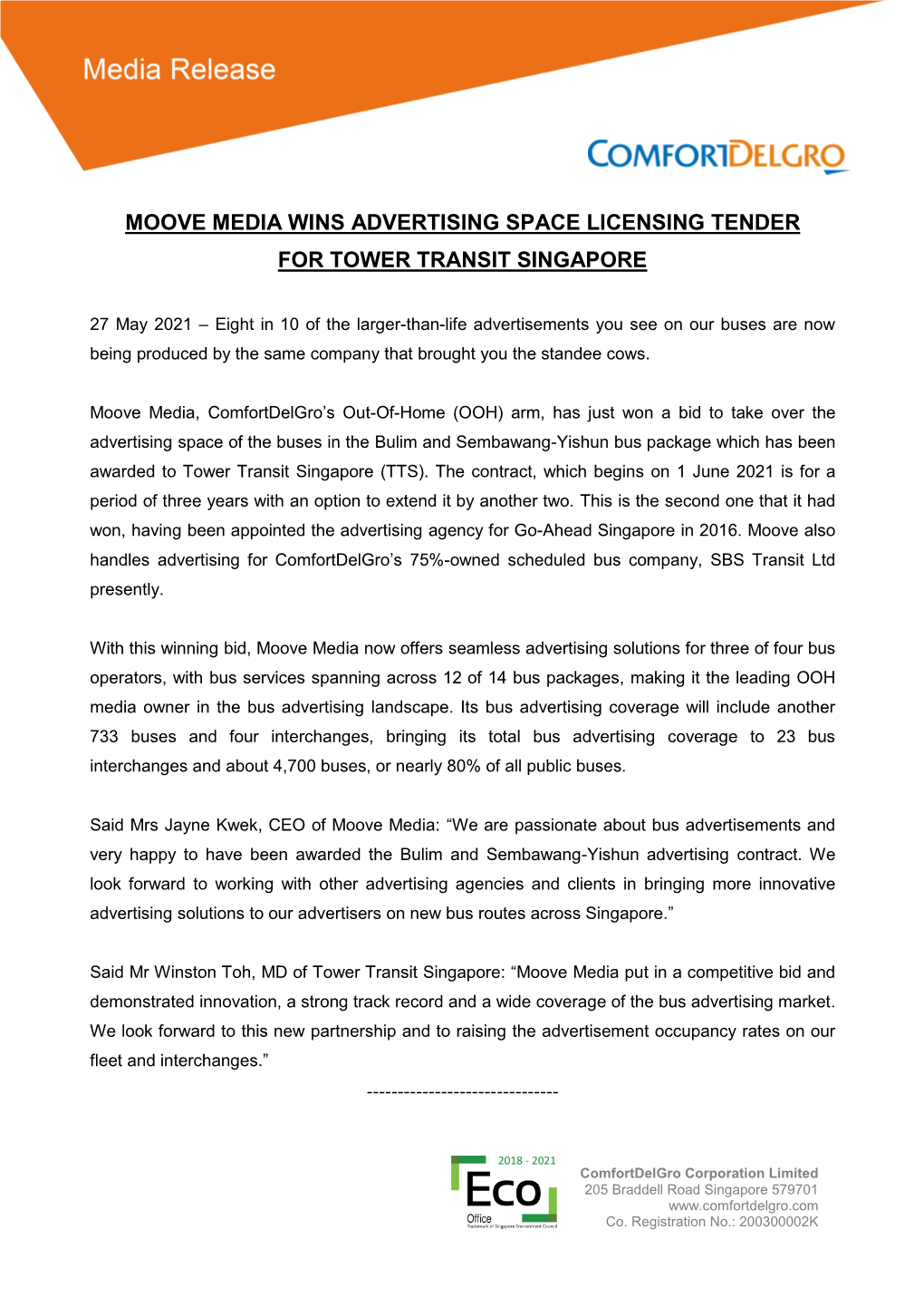 Moove Media Wins Advertising Space Licensing Tender for Tower Transit Singapore