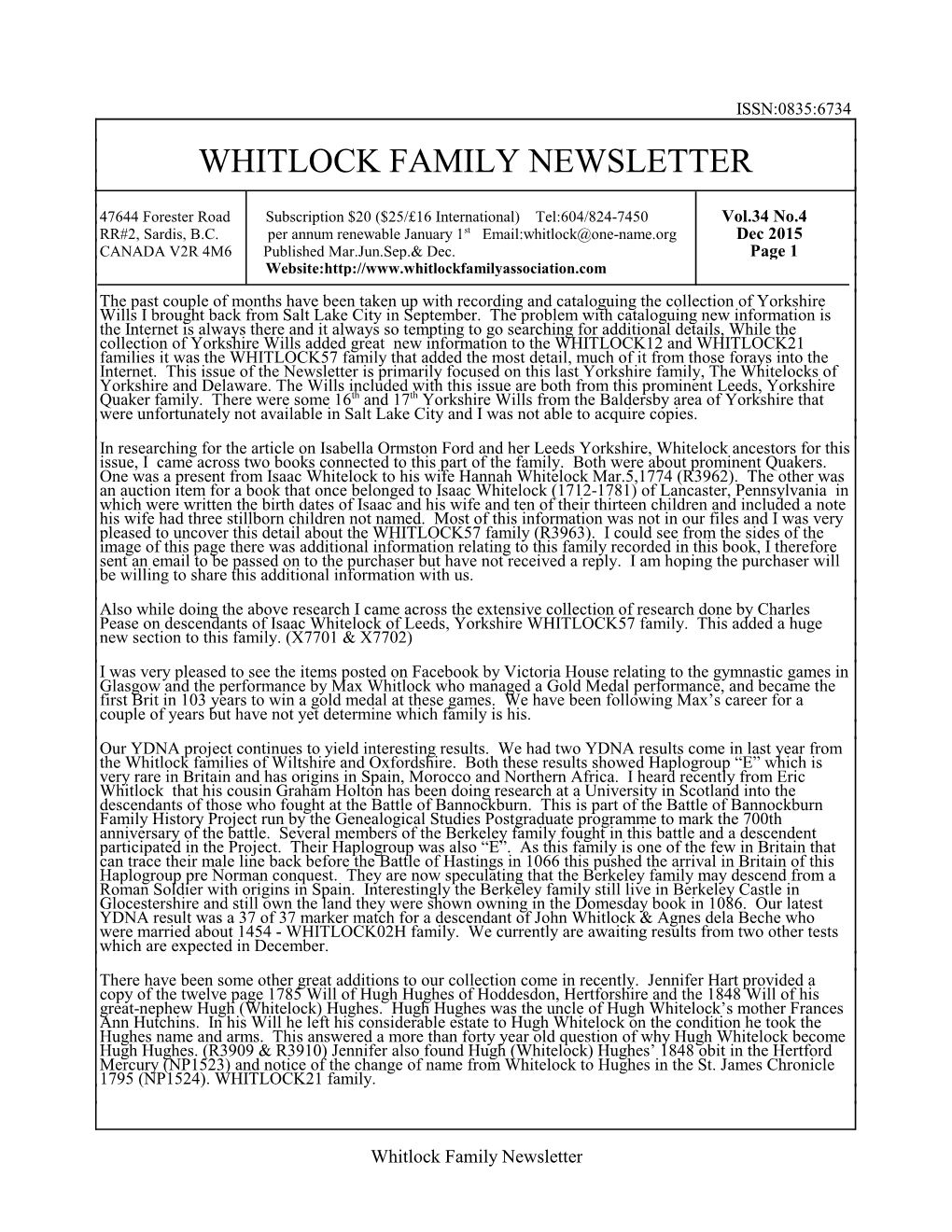 Whitlock Family Newsletter