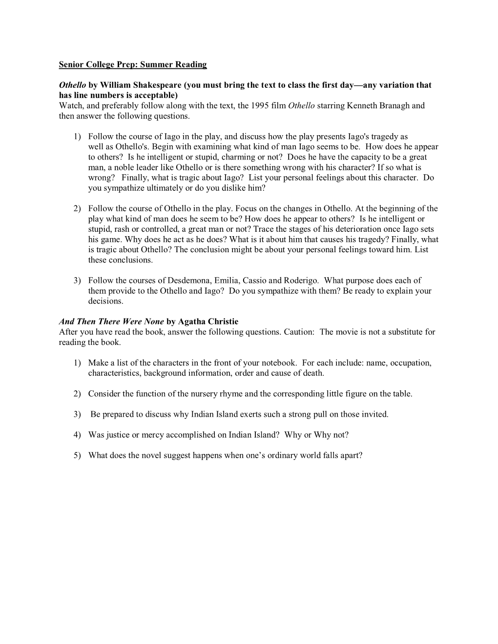 Senior College Prep: Summer Reading Othello by William Shakespeare (You Must Bring the Text to Class the First Day—Any Variati