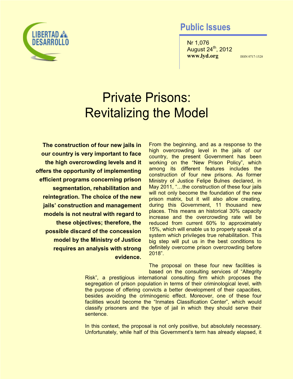 Private Prisons: Revitalizing the Model