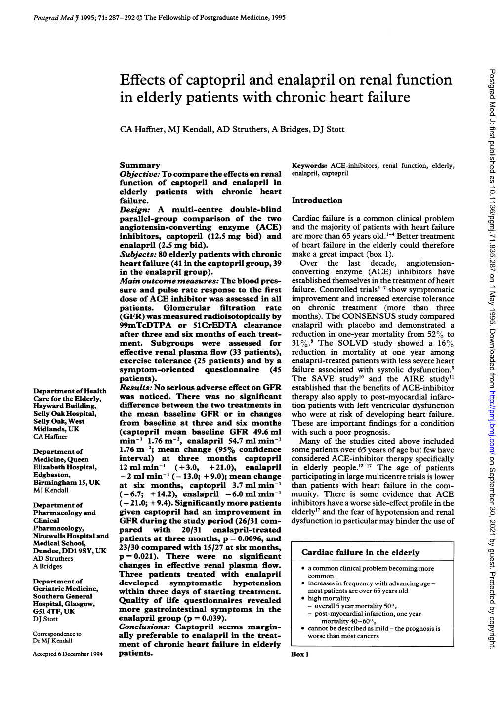 Effects of Captopril and Enalapril on Renal Function in Elderly Patients with Chronic Heart Failure