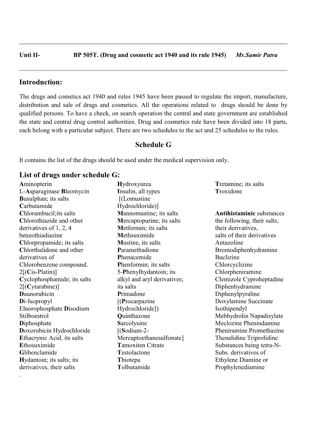 Introduction: Schedule G List of Drugs Under Schedule G