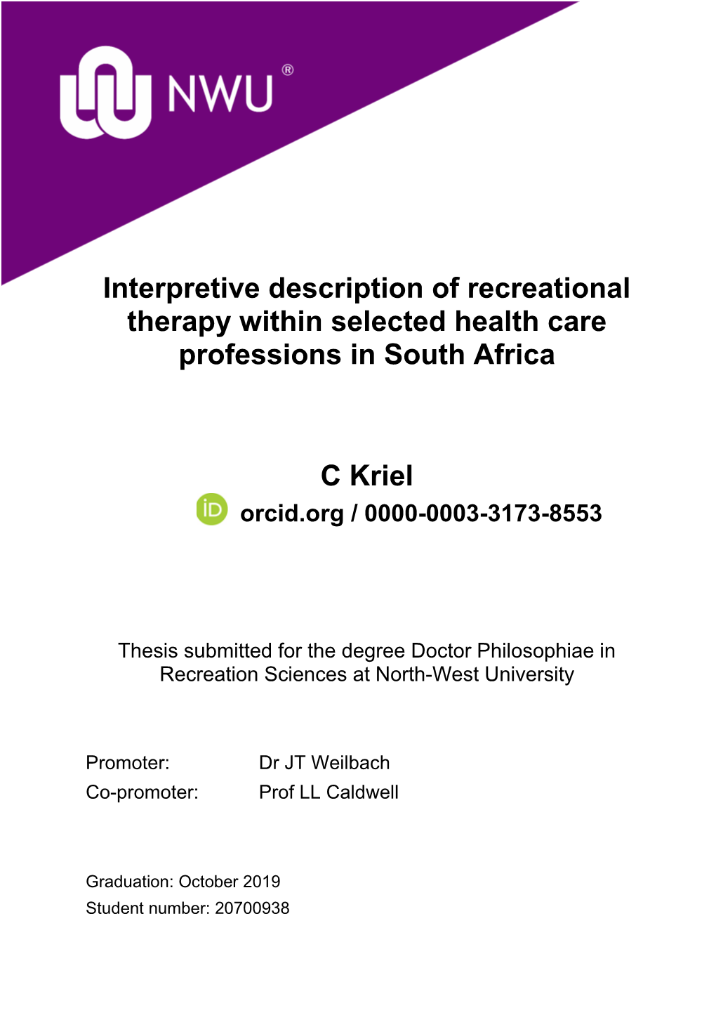 Interpretive Description of Recreational Therapy Within Selected Health Care Professions in South Africa