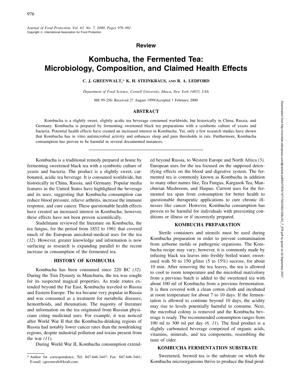Kombucha, the Fermented Tea: Microbiology, Composition, and Claimed Health Effects