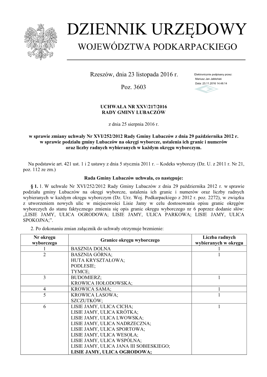 Uchwała Nr XXV/217/2016 Z Dnia 25 Sierpnia 2016 R