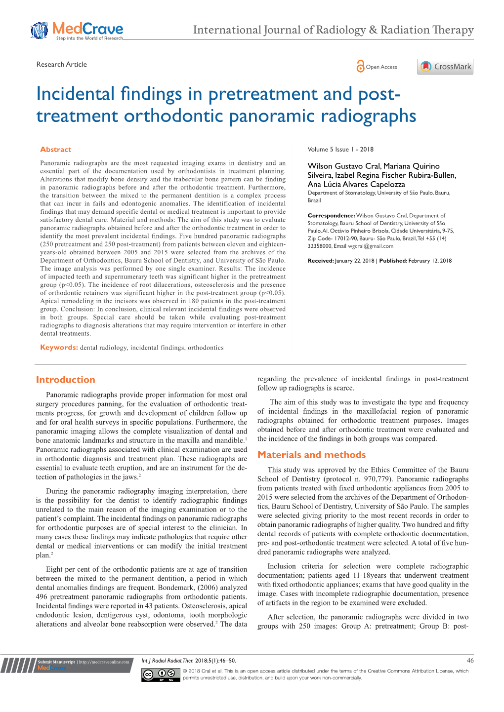Incidental Findings in Pretreatment and Post-Treatment Orthodontic Panoramic Radiographs ©2018 Cral Et Al