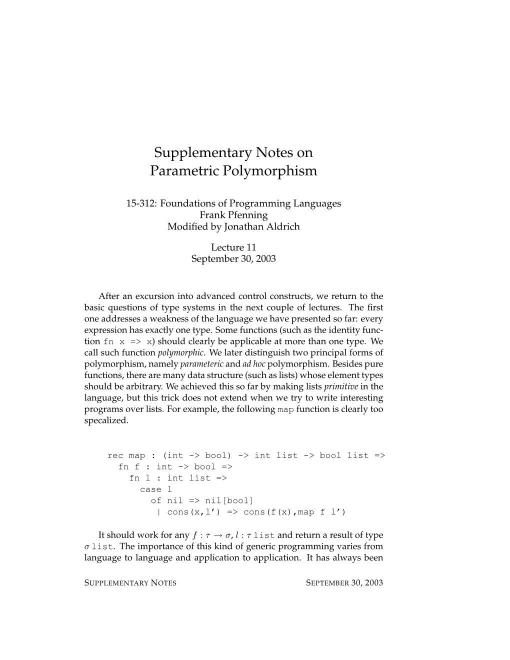 Supplementary Notes on Parametric Polymorphism