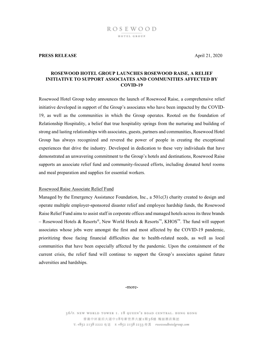 PRESS RELEASE April 21, 2020 ROSEWOOD HOTEL GROUP