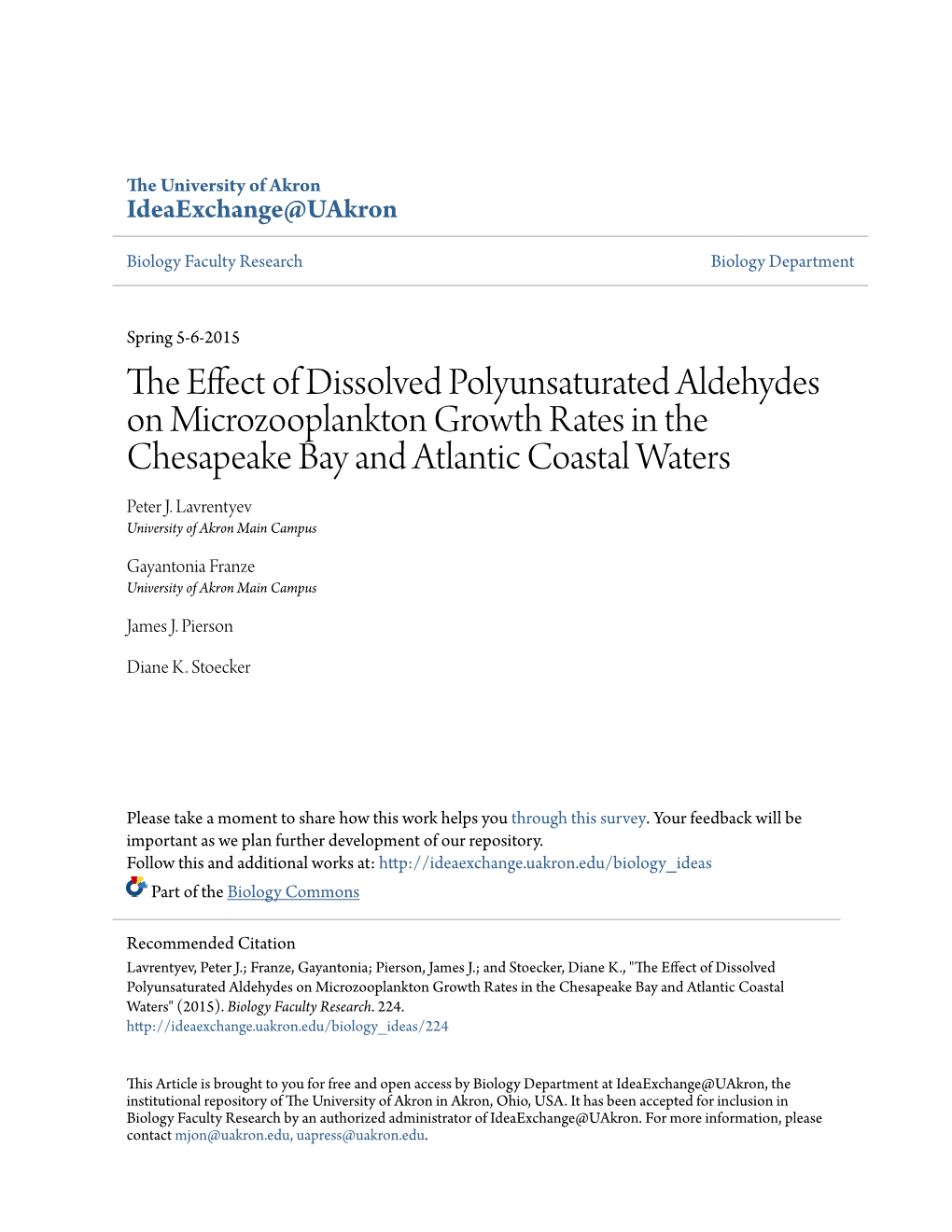 The Effect of Dissolved Polyunsaturated Aldehydes on Microzooplankton Growth Rates in the Chesapeake Bay and Atlantic Coastal Waters" (2015)