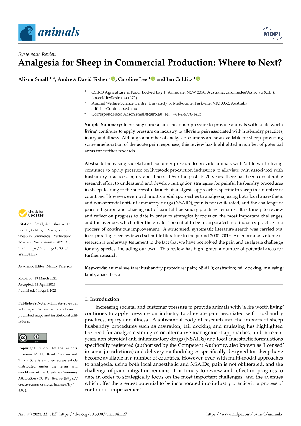 Analgesia for Sheep in Commercial Production: Where to Next?