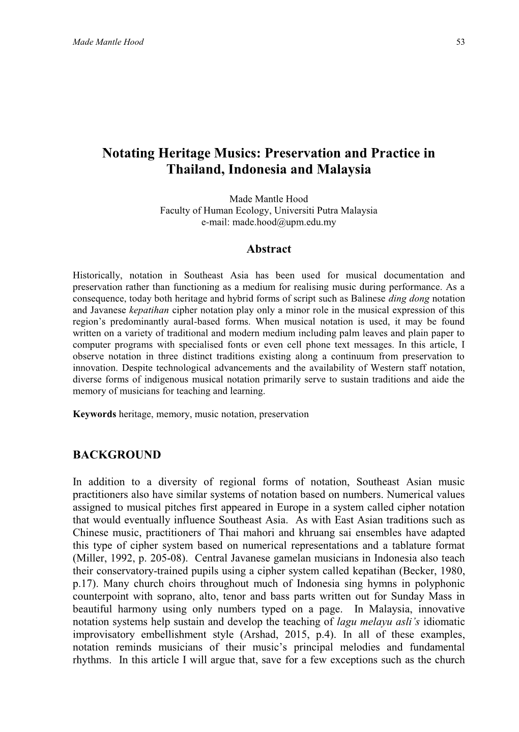 Notating Heritage Musics: Preservation and Practice in Thailand, Indonesia and Malaysia