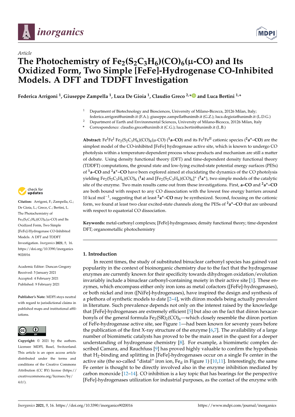 [Fefe]-Hydrogenase CO-Inhibited Models. a DFT and TDDFT Investigation