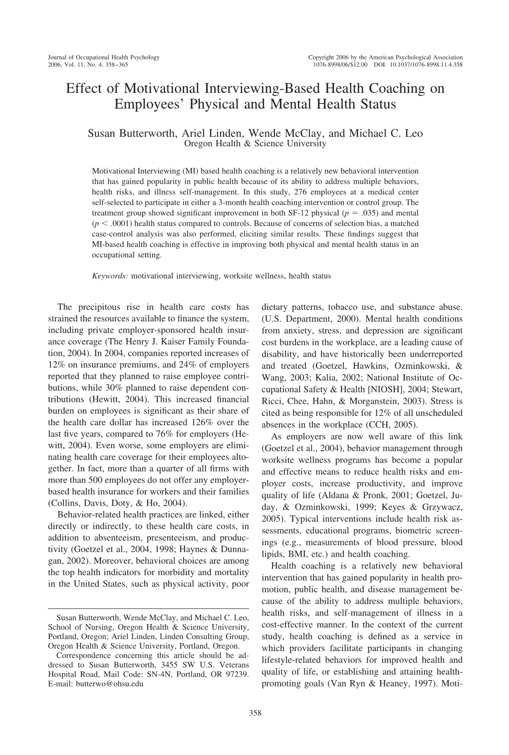 Effect of Motivational Interviewing-Based Health Coaching on Employees’ Physical and Mental Health Status