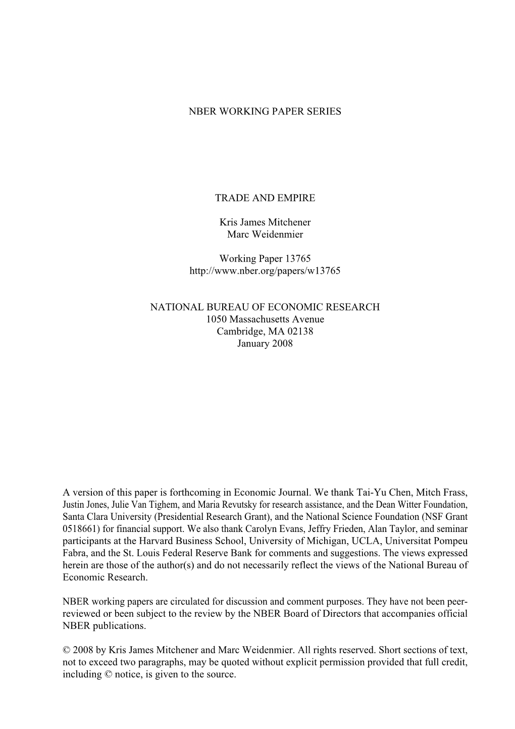 NBER WORKING PAPER SERIES TRADE and EMPIRE Kris James