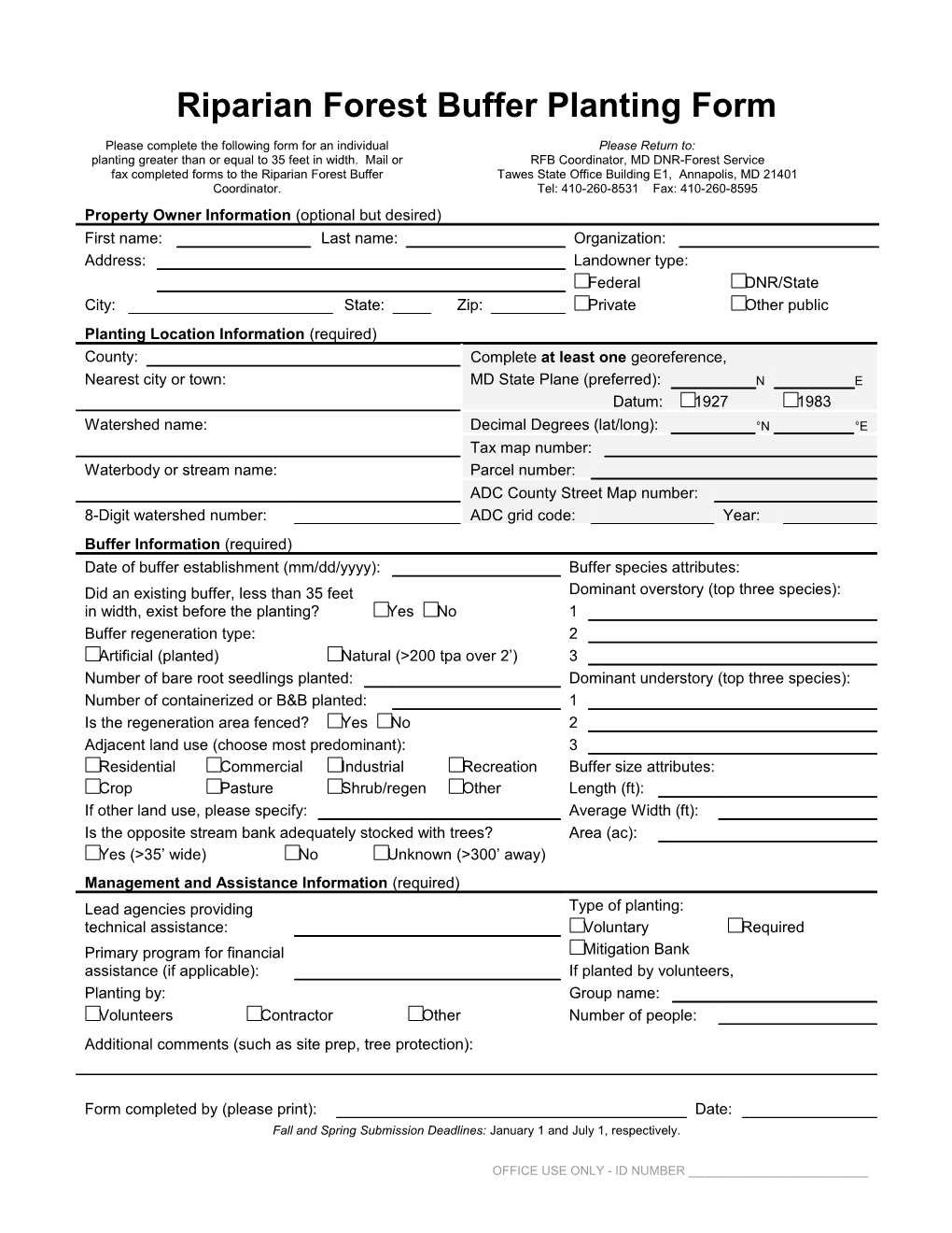 Riparian Forest Buffer Planting Form