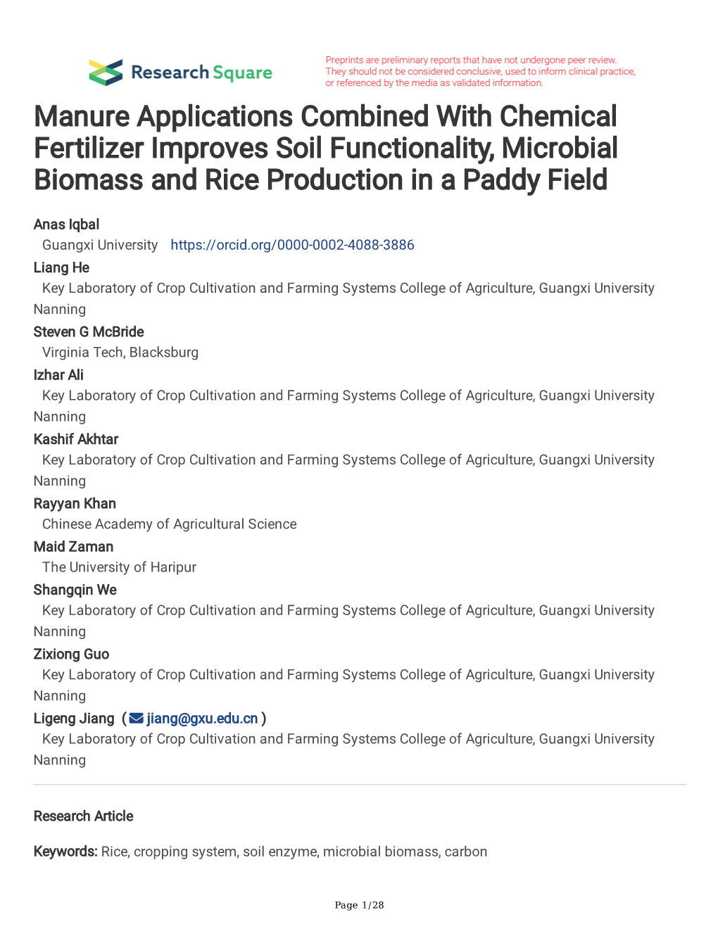 Manure Applications Combined with Chemical Fertilizer Improves Soil Functionality, Microbial Biomass and Rice Production in a Paddy Field