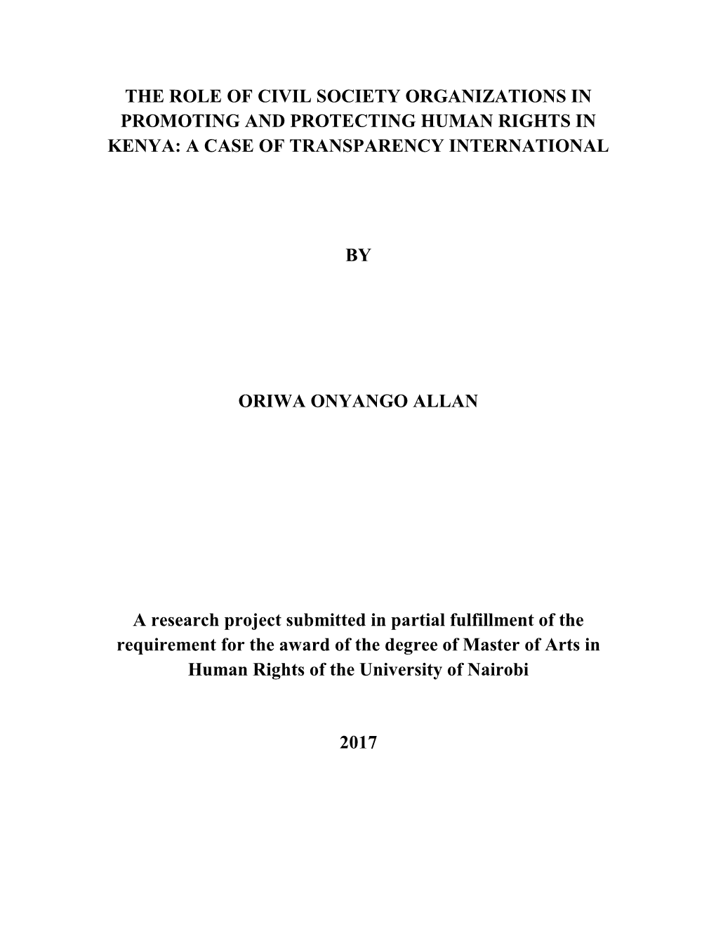 The Role of Civil Society Organizations in Promoting and Protecting Human Rights in Kenya: a Case of Transparency International