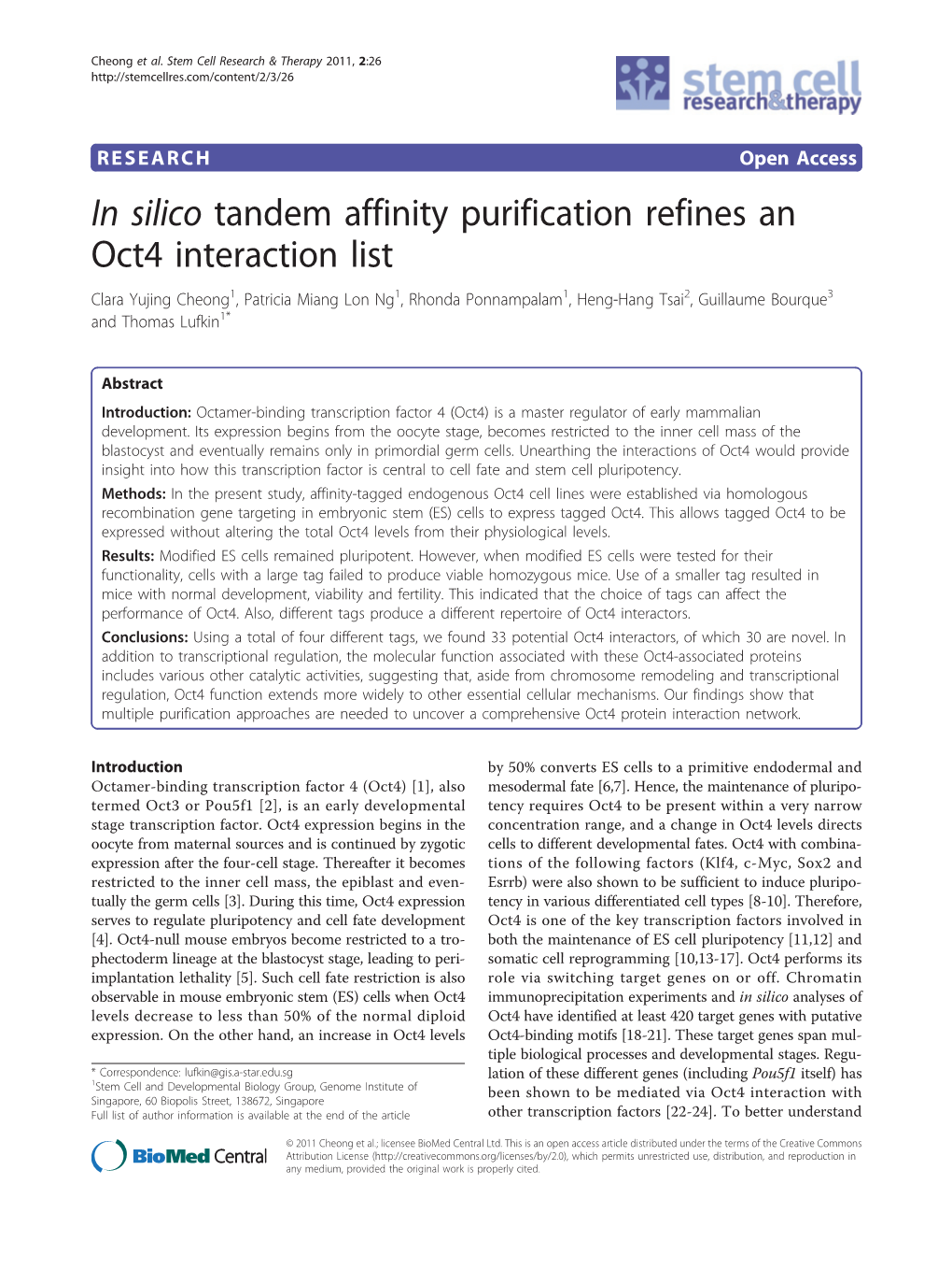In Silico Tandem Affinity Purification Refines an Oct4 Interaction List