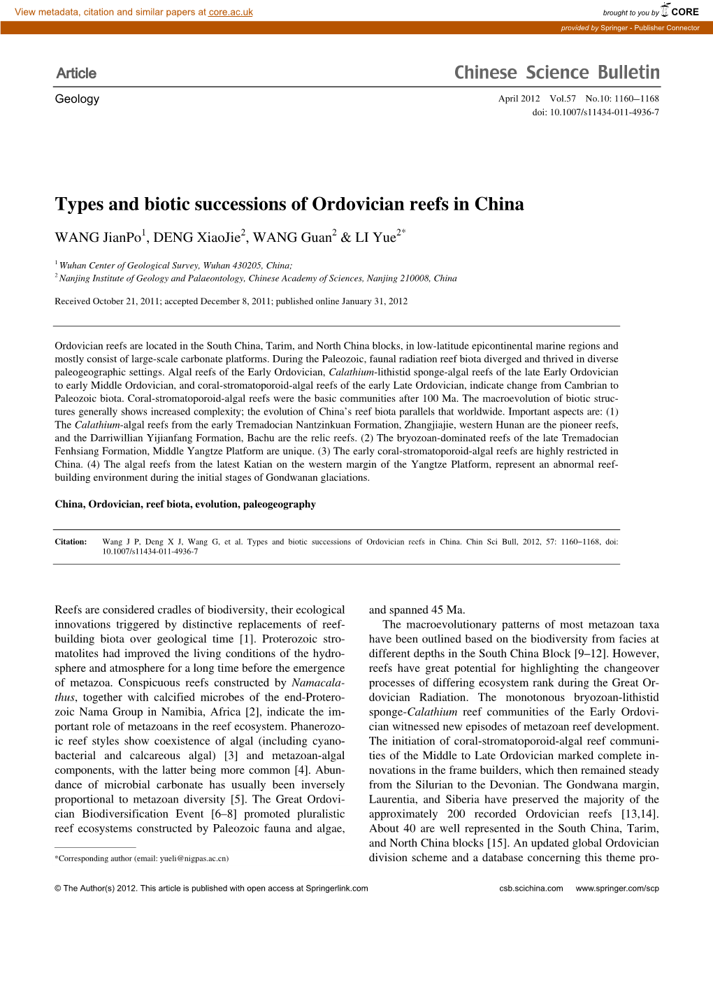 Types and Biotic Successions of Ordovician Reefs in China