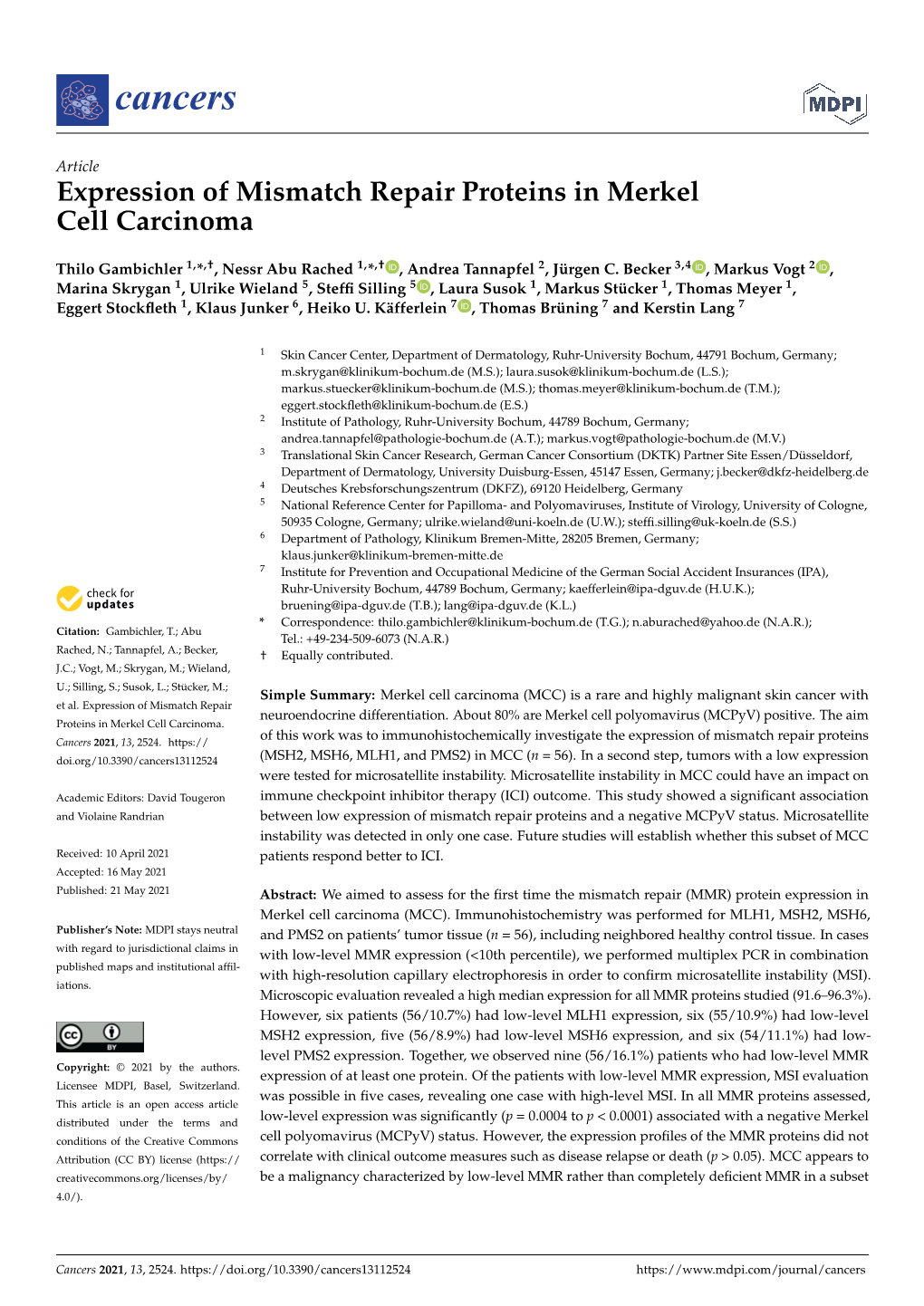 Expression of Mismatch Repair Proteins in Merkel Cell Carcinoma