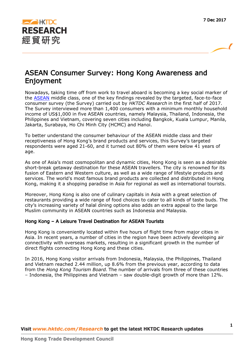 ASEAN Consumer Survey: Hong Kong Awareness and Enjoyment