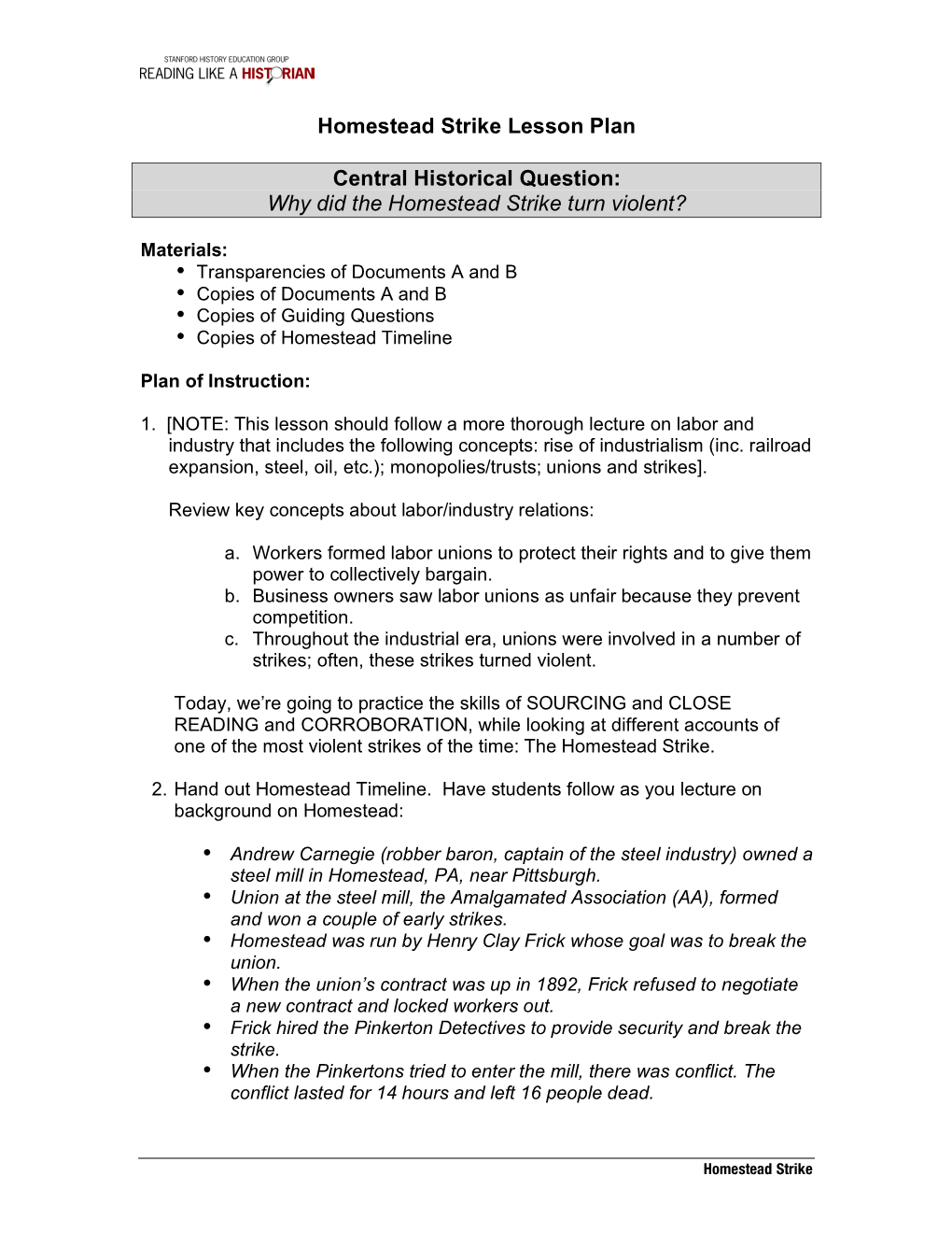 Homestead Strike Lesson Plan