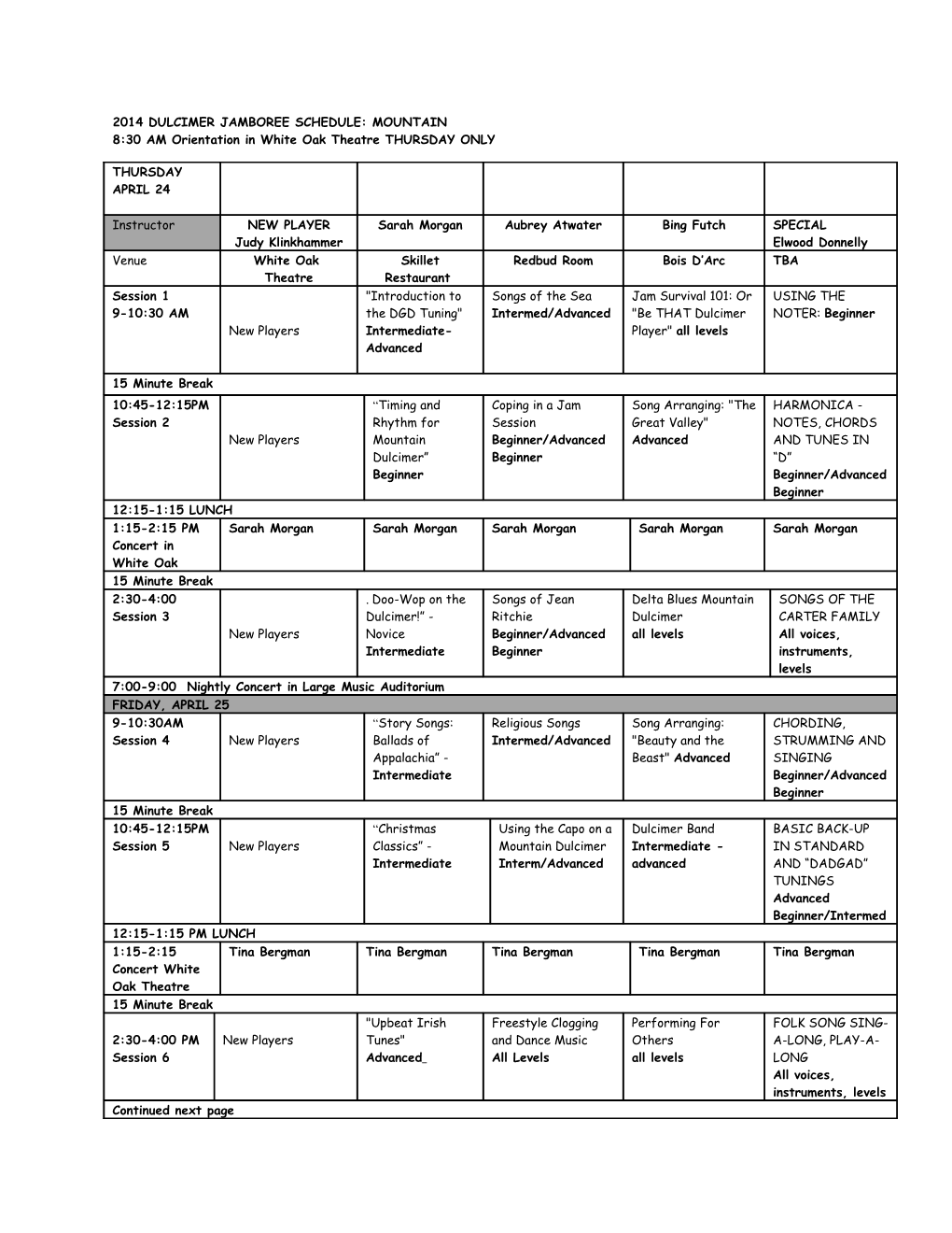 2014 Dulcimer Jamboree Schedule: Mountain