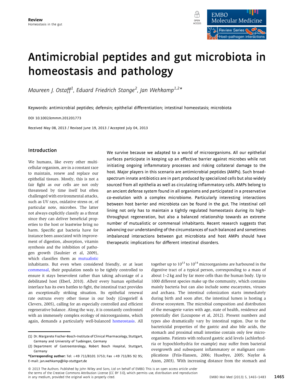 Antimicrobial Peptides and Gut Microbiota in Homeostasis and Pathology