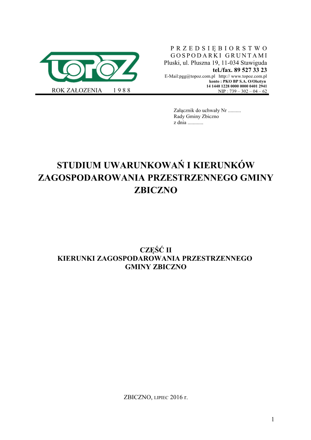 Studium Uwarunkowań I Kierunków Zagospodarowania Przestrzennego Gminy Zbiczno