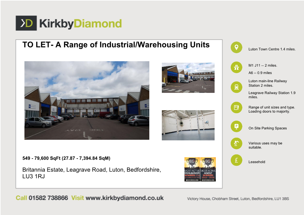 TO LET- a Range of Industrial/Warehousing Units Luton Town Centre 1.4 Miles