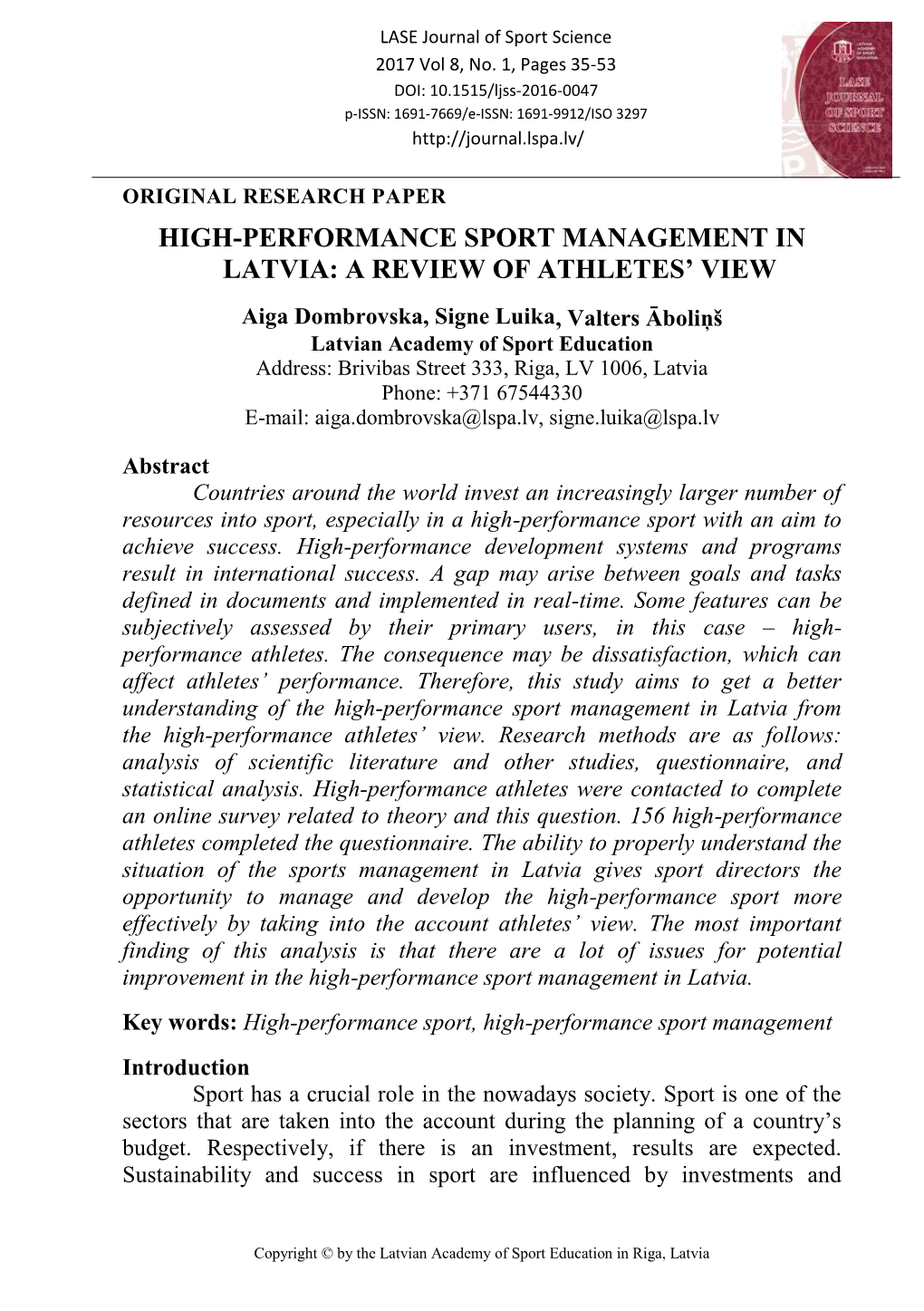 High-Performance Sport Management in Latvia: a Review of Athletes’ View