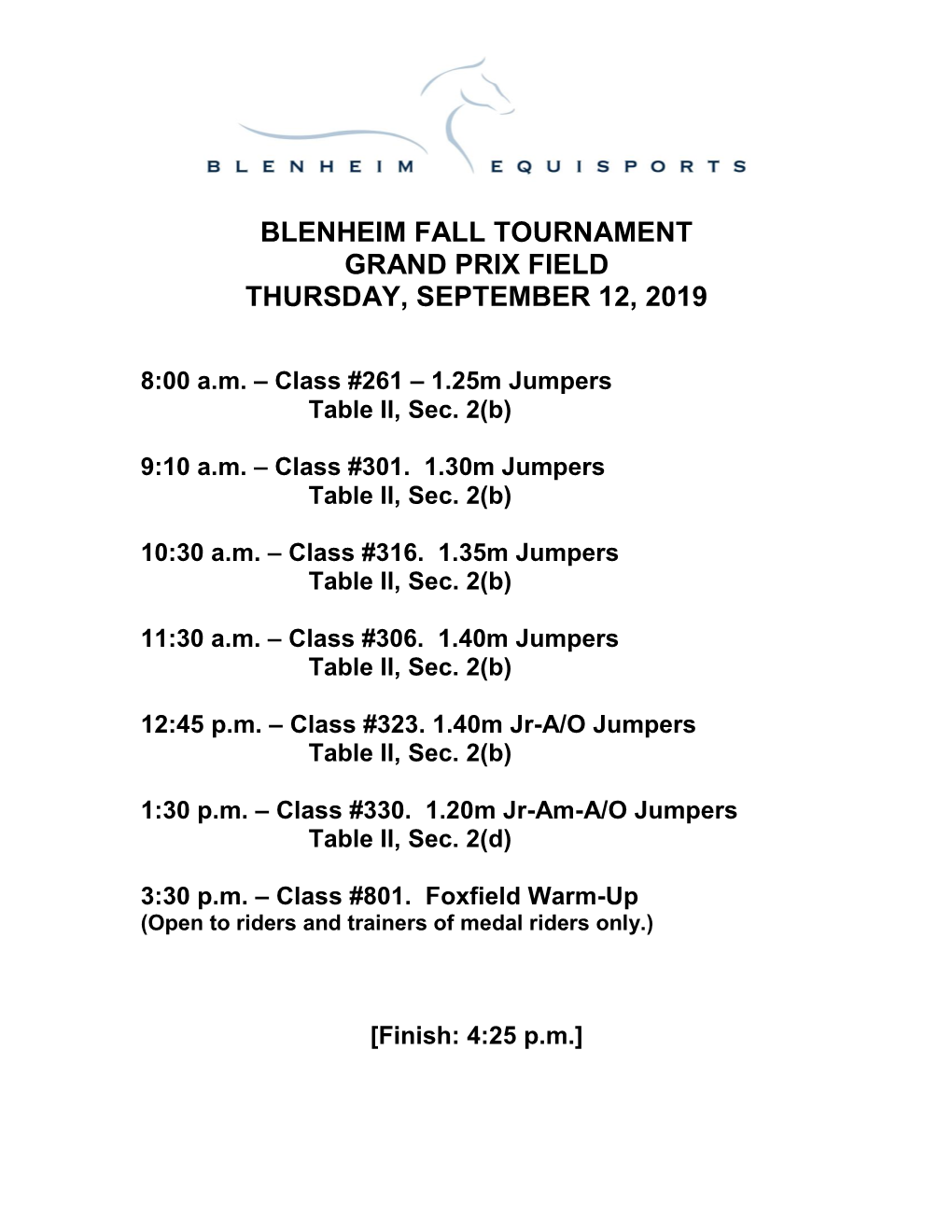 Blenheim Fall Tournament Grand Prix Field Thursday, September 12, 2019