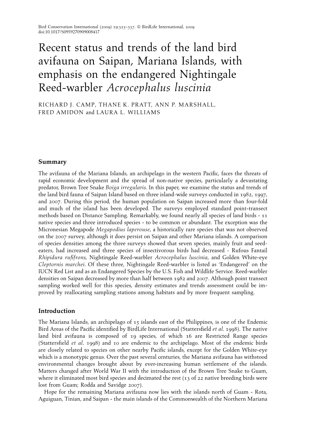 Recent Status and Trends of the Land Bird Avifauna on Saipan, Mariana Islands, with Emphasis on the Endangered Nightingale Reed-Warbler Acrocephalus Luscinia