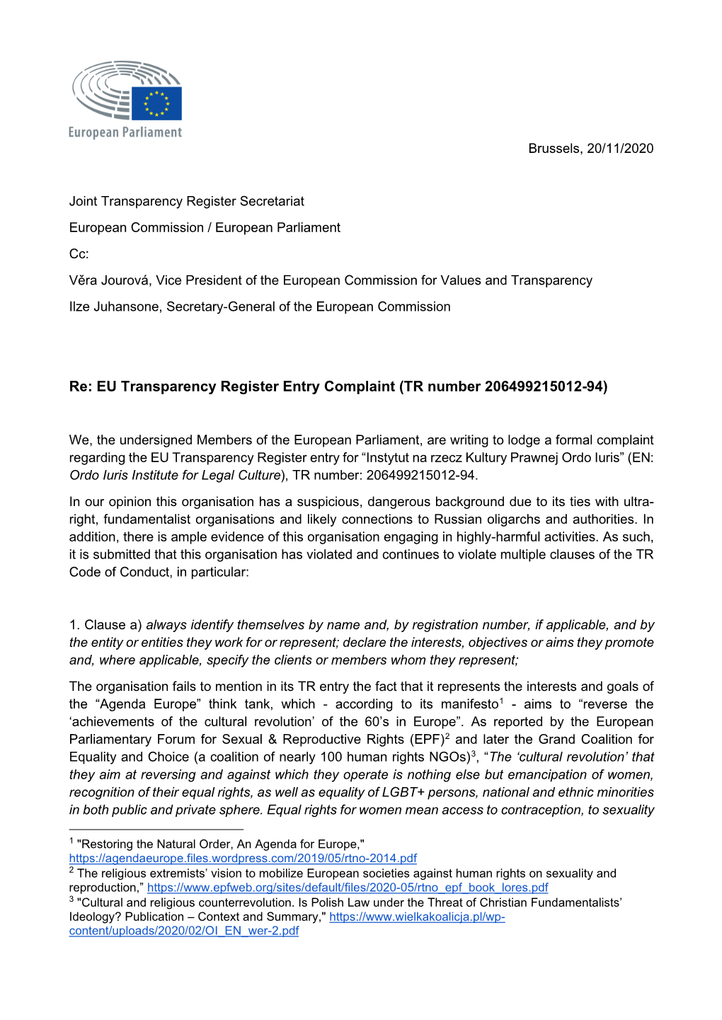 EU Transparency Register Entry Complaint (TR Number 206499215012-94)