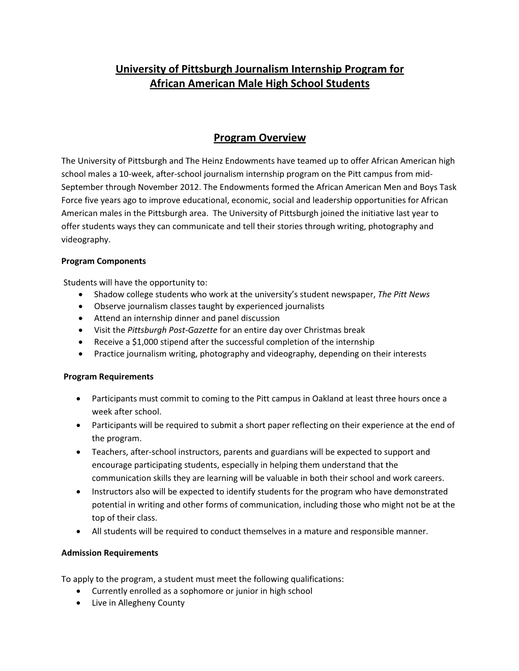 University of Pittsburgh Journalism Internship Program for African American Male High School Students