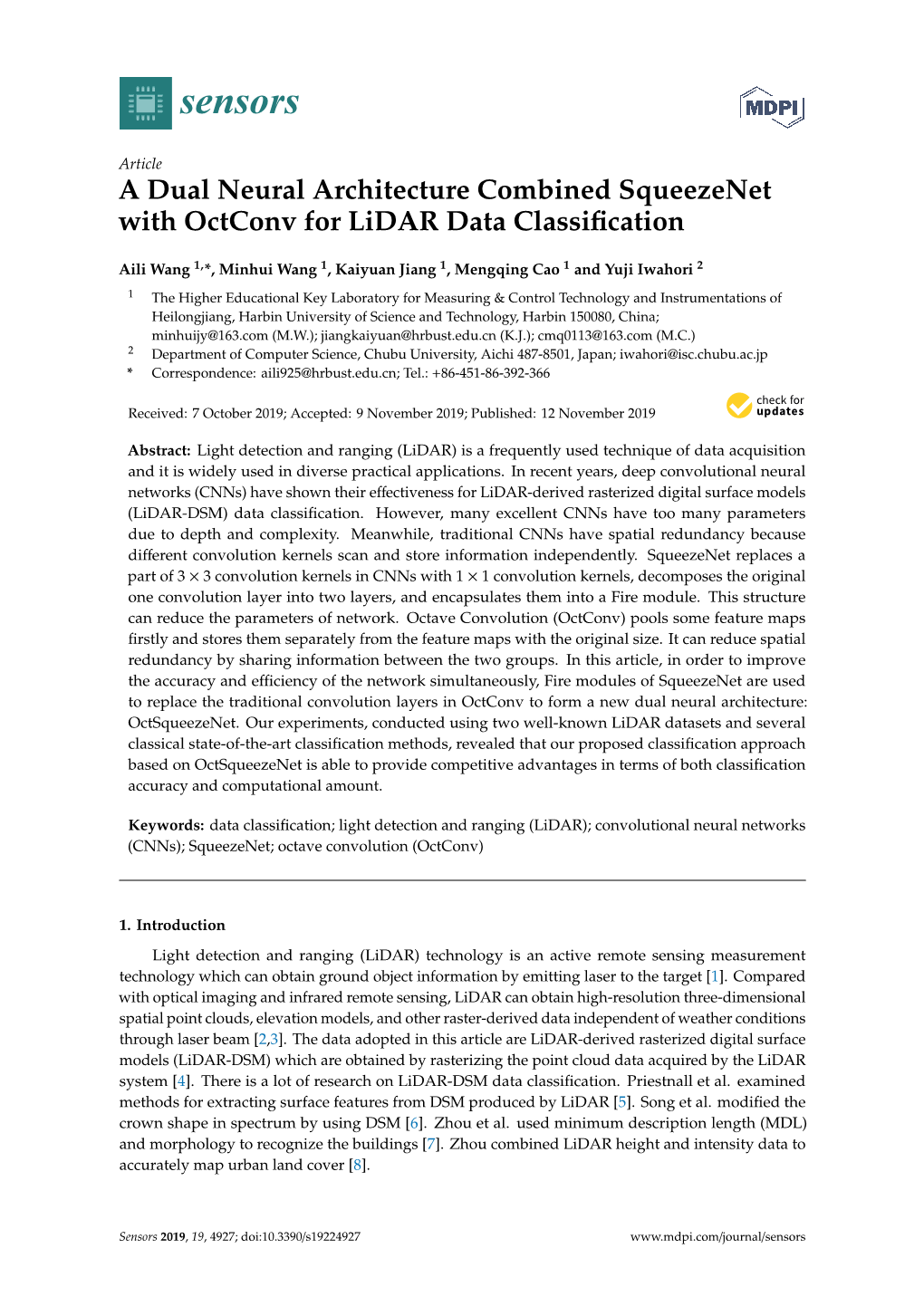 A Dual Neural Architecture Combined Squeezenet with Octconv for Lidar Data Classiﬁcation