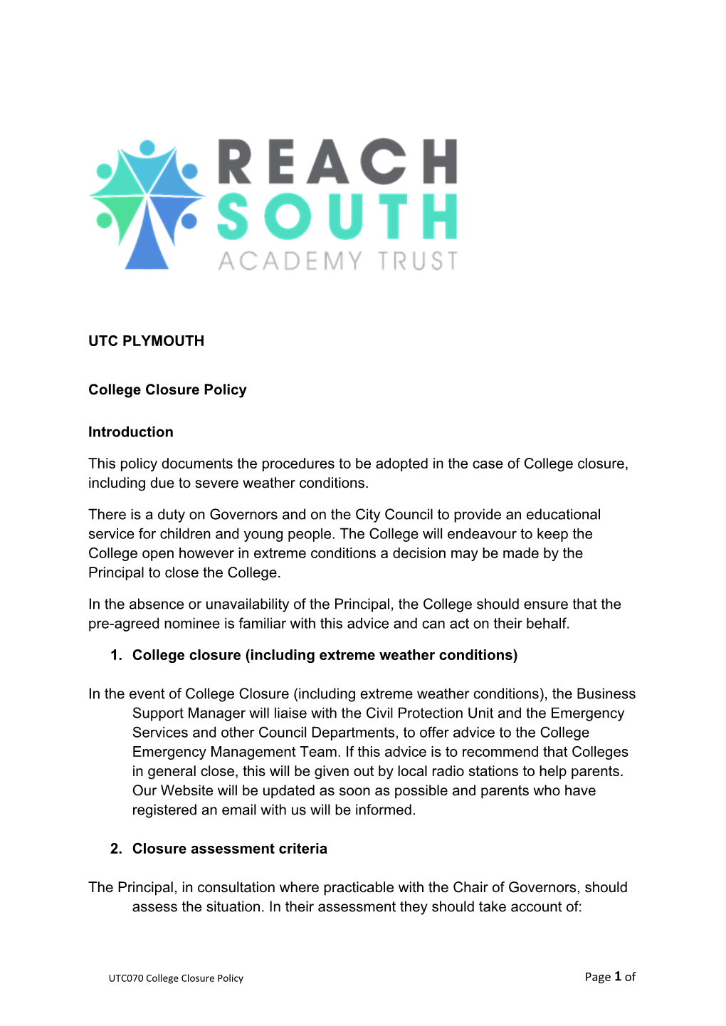 UTC050 College Closure Policy