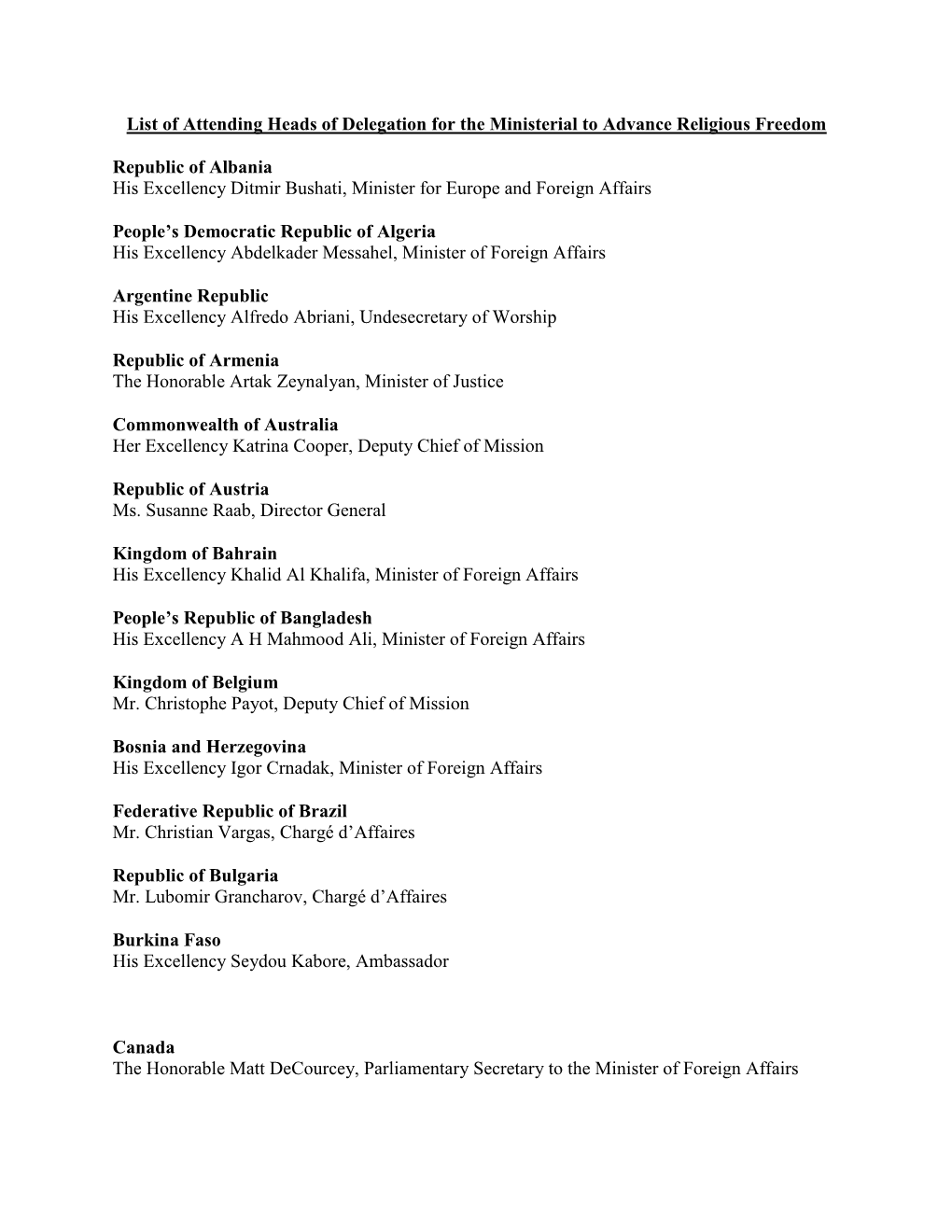 List of Attending Heads of Delegation for the Ministerial to Advance Religious Freedom