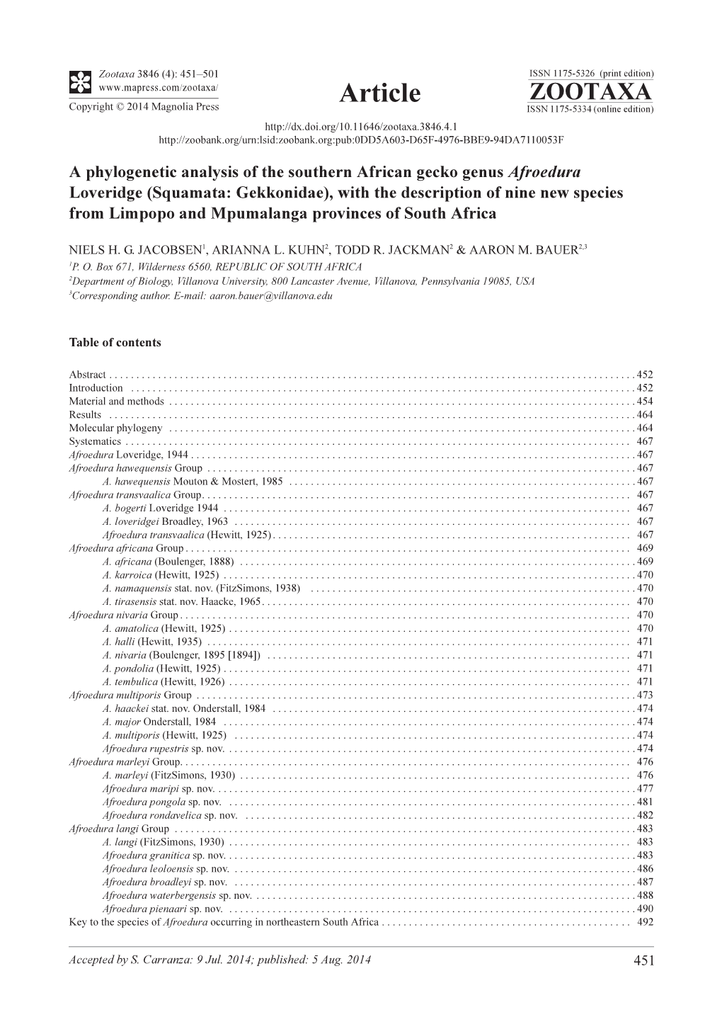 A Phylogenetic Analysis of the Southern African Gecko Genus Afroedura Loveridge